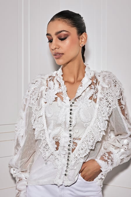 Buy_Kay Kay_White Polyester Embroidery Collared 3d Floral Embellished Mesh Shirt _Online_at_Aza_Fashions