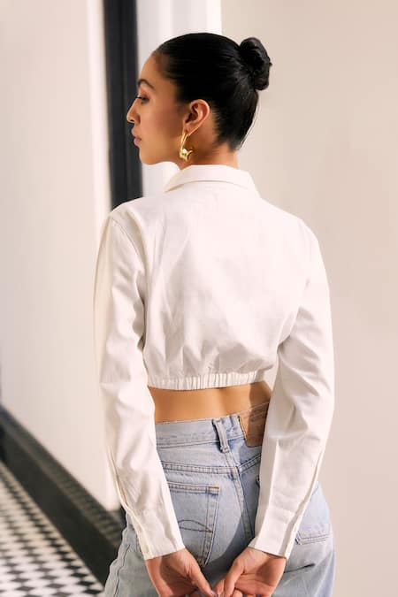 Shop Kay Kay White Cotton Embroidery Collared Crop Shirt at Aza Fashions Shop_Kay Kay_White Cotton Embroidery Collared Crop Shirt _at_Aza_Fashions