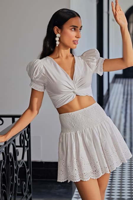 Kay Kay White Cotton, Poplin Embroidery V-neck Knotted Crop Top And Schiffli Skirt Set Online at Aza Fashions Kay Kay_White Cotton, Poplin Embroidery V-neck Knotted Crop Top And Schiffli Skirt Set _Online_at_Aza_Fashions