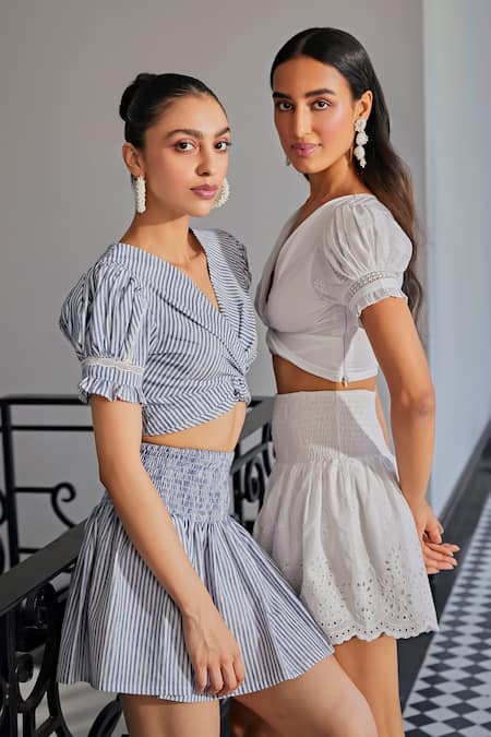 Kay Kay White Cotton, Poplin Embroidery V-neck Knotted Crop Top And Schiffli Skirt Set at Aza Fashions Kay Kay_White Cotton, Poplin Embroidery V-neck Knotted Crop Top And Schiffli Skirt Set _at_Aza_Fashions