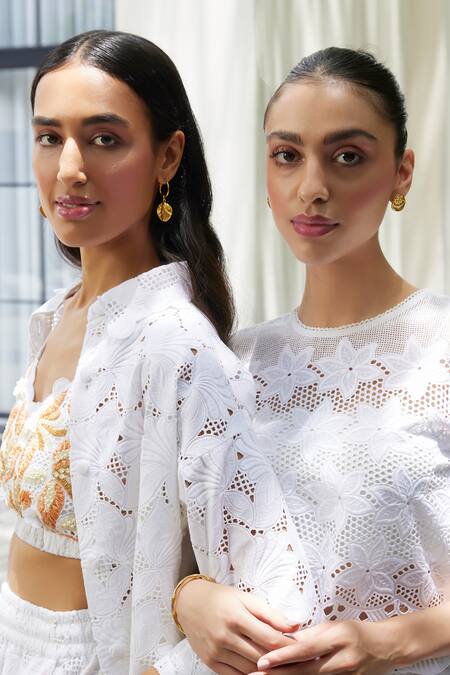 Kay Kay White Cotton Embroidery, Cut Work Collared Schiffli Shirt And Bralette Set Online at Aza Fashions Kay Kay_White Cotton Embroidery, Cut Work Collared Schiffli Shirt And Bralette Set _Online_at_Aza_Fashions