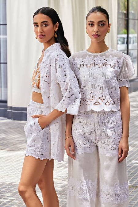 Buy Kay Kay White Cotton Embroidery, Cut Work Collared Schiffli Shirt And Bralette Set Online at Aza Fashions Buy_Kay Kay_White Cotton Embroidery, Cut Work Collared Schiffli Shirt And Bralette Set _Online_at_Aza_Fashions