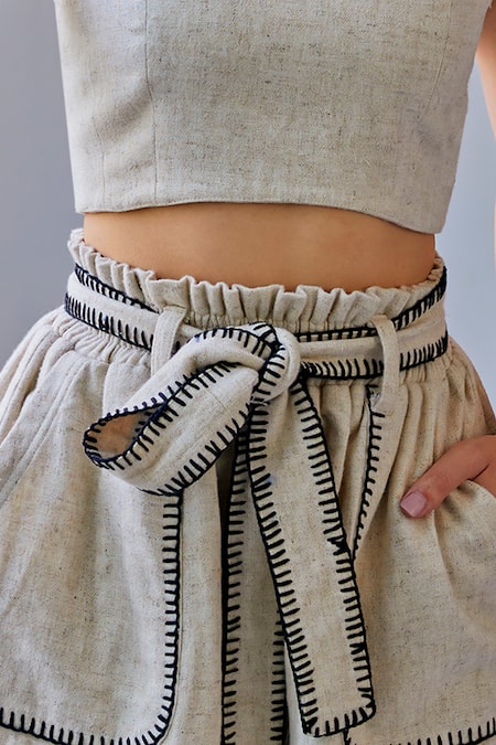 Kay Kay_Beige Cotton Embroidery Round Neck Blanket Stitch Set _Online_at_Aza_Fashions