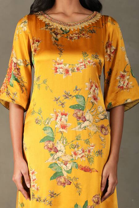 Shop_RI.Ritu Kumar_Yellow Silk, Cotton Sequins Round Neck Water Lily Print Kurta Set _Online_at_Aza_Fashions