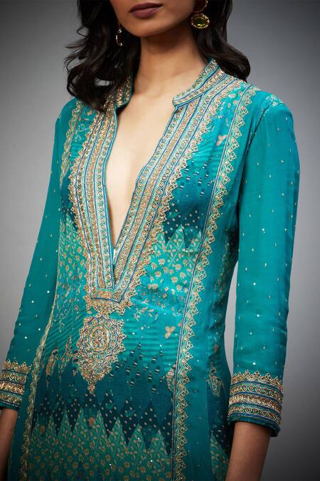 RI.Ritu Kumar_Green Viscose, Lycra Zari, Embroidery Plunge Neck Geometric Kurta Pant Set _at_Aza_Fashions