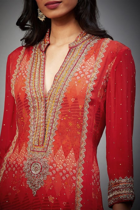 Shop_RI.Ritu Kumar_Red Viscose, Lycra Zari Plunge Neck Geometric Chevron Embroidered Kurta Set _Online_at_Aza_Fashions