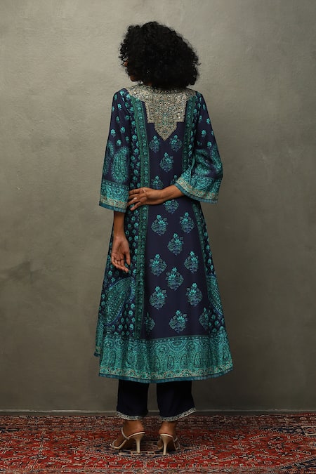Shop RI.Ritu Kumar Blue Silk, Cotton, Viscose Embroidery Split V-neck Floral Print And Kurta Set at Aza Fashions Shop_RI.Ritu Kumar_Blue Silk, Cotton, Viscose Embroidery Split V-neck Floral Print And Kurta Set _at_Aza_Fashions