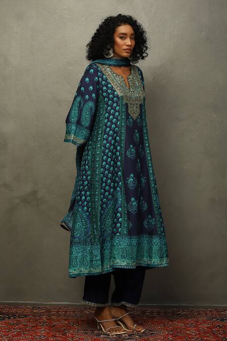 Buy RI.Ritu Kumar Blue Silk, Cotton, Viscose Embroidery Split V-neck Floral Print And Kurta Set Online at Aza Fashions Buy_RI.Ritu Kumar_Blue Silk, Cotton, Viscose Embroidery Split V-neck Floral Print And Kurta Set _Online_at_Aza_Fashions