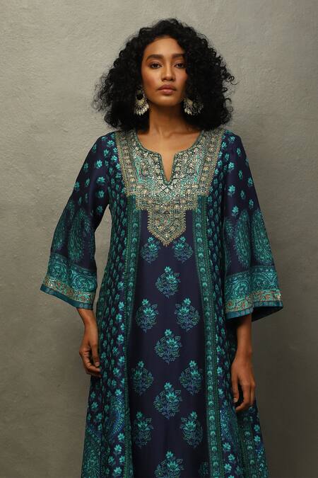 Shop RI.Ritu Kumar Blue Silk, Cotton, Viscose Embroidery Split V-neck Floral Print And Kurta Set Online at Aza Fashions Shop_RI.Ritu Kumar_Blue Silk, Cotton, Viscose Embroidery Split V-neck Floral Print And Kurta Set _Online_at_Aza_Fashions
