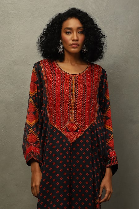 Shop_RI.Ritu Kumar_Black Silk, Cotton, Viscose Embroidery, Sequins Geometric Print And Kurta Set _Online_at_Aza_Fashions