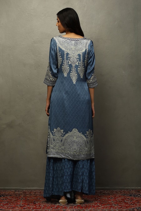 Shop RI.Ritu Kumar Blue Silk Embroidery Split V-neck Bloom Print And Kashida Kurta Set at Aza Fashions Shop_RI.Ritu Kumar_Blue Silk Embroidery Split V-neck Bloom Print And Kashida Kurta Set _at_Aza_Fashions