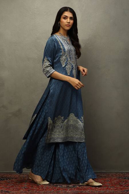 Buy RI.Ritu Kumar Blue Silk Embroidery Split V-neck Bloom Print And Kashida Kurta Set Online at Aza Fashions Buy_RI.Ritu Kumar_Blue Silk Embroidery Split V-neck Bloom Print And Kashida Kurta Set _Online_at_Aza_Fashions
