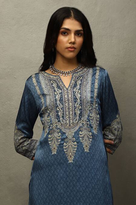 Shop RI.Ritu Kumar Blue Silk Embroidery Split V-neck Bloom Print And Kashida Kurta Set Online at Aza Fashions Shop_RI.Ritu Kumar_Blue Silk Embroidery Split V-neck Bloom Print And Kashida Kurta Set _Online_at_Aza_Fashions