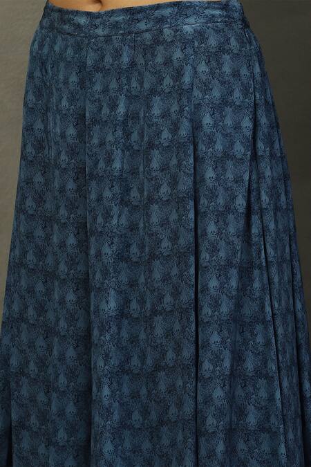 RI.Ritu Kumar Blue Silk Embroidery Split V-neck Bloom Print And Kashida Kurta Set at Aza Fashions RI.Ritu Kumar_Blue Silk Embroidery Split V-neck Bloom Print And Kashida Kurta Set _at_Aza_Fashions