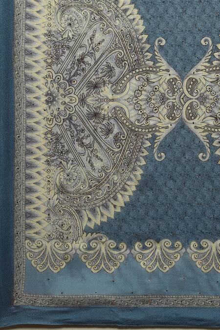 Buy RI.Ritu Kumar Blue Silk Embroidery Split V-neck Bloom Print And Kashida Kurta Set Buy_RI.Ritu Kumar_Blue Silk Embroidery Split V-neck Bloom Print And Kashida Kurta Set