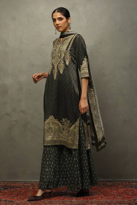 RI.Ritu Kumar Green Silk Embroidery Split V-neck Blossom Print And Kashida Kurta Set Online at Aza Fashions RI.Ritu Kumar_Green Silk Embroidery Split V-neck Blossom Print And Kashida Kurta Set _Online_at_Aza_Fashions