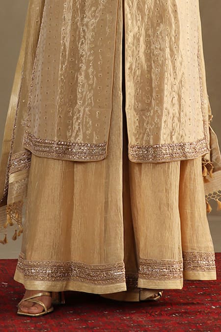 RI.Ritu Kumar_Gold Silk Embroidery Bandeau Neck Crest Bloom Kurta Palazzo Set _Online_at_Aza_Fashions