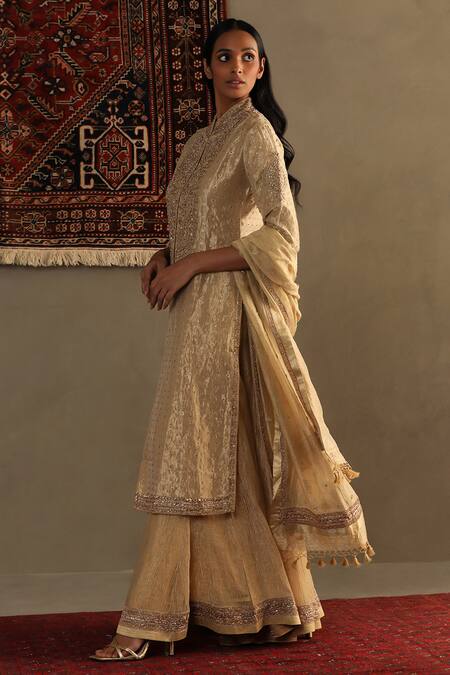 Buy_RI.Ritu Kumar_Gold Silk Embroidery Bandeau Neck Crest Bloom Kurta Palazzo Set _Online_at_Aza_Fashions