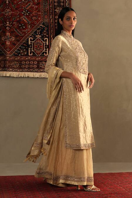 Shop_RI.Ritu Kumar_Gold Silk Embroidery Bandeau Neck Crest Bloom Kurta Palazzo Set _Online_at_Aza_Fashions