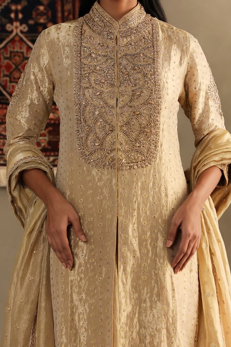 RI.Ritu Kumar_Gold Silk Embroidery Bandeau Neck Crest Bloom Kurta Palazzo Set _at_Aza_Fashions