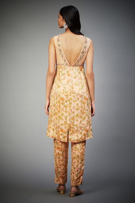 Shop RI.Ritu Kumar Peach Viscose, Silk Embroidery V-neck Floral Print Zardozi Kurta Pant Set at Aza Fashions Shop_RI.Ritu Kumar_Peach Viscose, Silk Embroidery V-neck Floral Print Zardozi Kurta Pant Set _at_Aza_Fashions