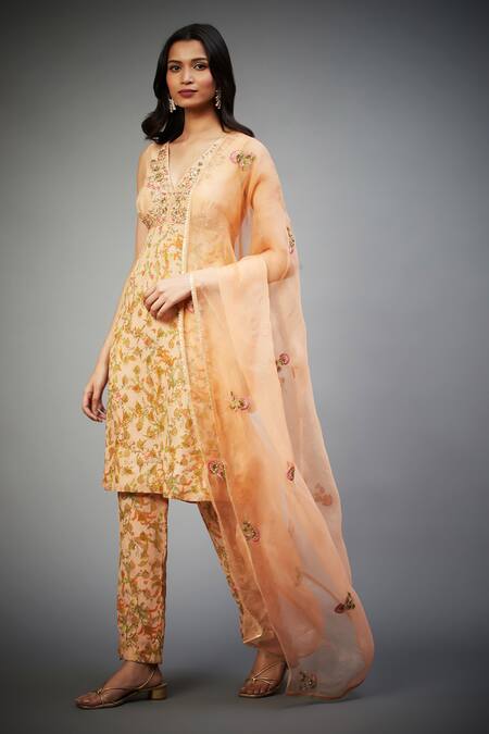 Buy RI.Ritu Kumar Peach Viscose, Silk Embroidery V-neck Floral Print Zardozi Kurta Pant Set Online at Aza Fashions Buy_RI.Ritu Kumar_Peach Viscose, Silk Embroidery V-neck Floral Print Zardozi Kurta Pant Set _Online_at_Aza_Fashions