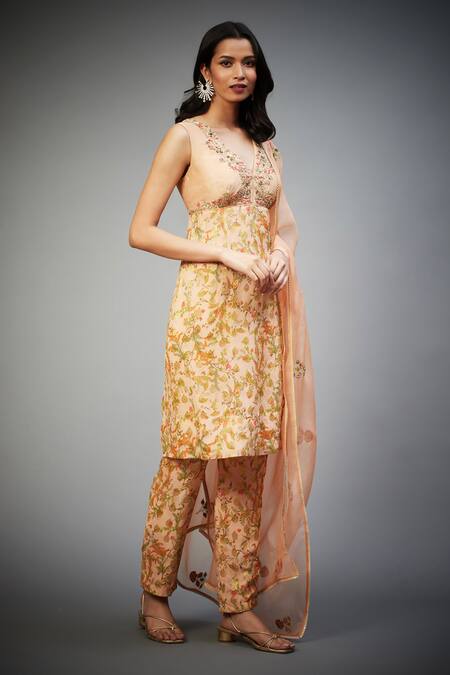 Shop RI.Ritu Kumar Peach Viscose, Silk Embroidery V-neck Floral Print Zardozi Kurta Pant Set Online at Aza Fashions Shop_RI.Ritu Kumar_Peach Viscose, Silk Embroidery V-neck Floral Print Zardozi Kurta Pant Set _Online_at_Aza_Fashions