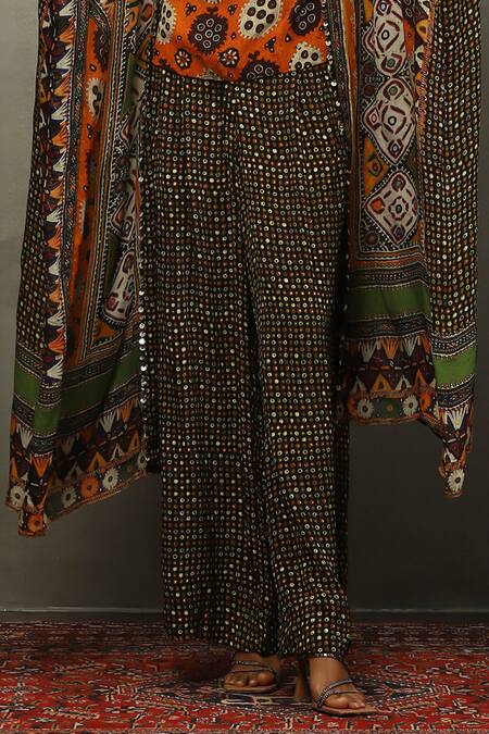 RI.Ritu Kumar Black Viscose Mirrors, Embroidery Tribal Bloom Print Cape And Flared Pant Set Online at Aza Fashions RI.Ritu Kumar_Black Viscose Mirrors, Embroidery Tribal Bloom Print Cape And Flared Pant Set _Online_at_Aza_Fashions