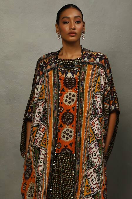 Buy RI.Ritu Kumar Black Viscose Mirrors, Embroidery Tribal Bloom Print Cape And Flared Pant Set Buy_RI.Ritu Kumar_Black Viscose Mirrors, Embroidery Tribal Bloom Print Cape And Flared Pant Set