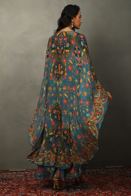 Shop RI.Ritu Kumar Teal Silk, Viscose, Cotton Zari, Embroidery Bahar Print Cape And Palazzo Set at Aza Fashions Shop_RI.Ritu Kumar_Teal Silk, Viscose, Cotton Zari, Embroidery Bahar Print Cape And Palazzo Set _at_Aza_Fashions