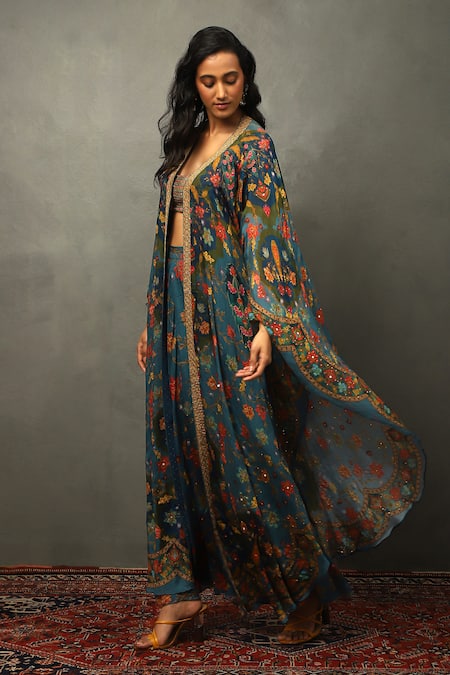 RI.Ritu Kumar Teal Silk, Viscose, Cotton Zari, Embroidery Bahar Print Cape And Palazzo Set Online at Aza Fashions RI.Ritu Kumar_Teal Silk, Viscose, Cotton Zari, Embroidery Bahar Print Cape And Palazzo Set _Online_at_Aza_Fashions
