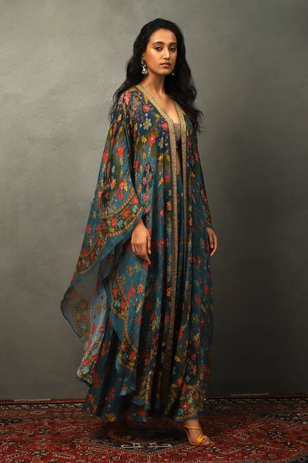 Buy RI.Ritu Kumar Teal Silk, Viscose, Cotton Zari, Embroidery Bahar Print Cape And Palazzo Set Online at Aza Fashions Buy_RI.Ritu Kumar_Teal Silk, Viscose, Cotton Zari, Embroidery Bahar Print Cape And Palazzo Set _Online_at_Aza_Fashions