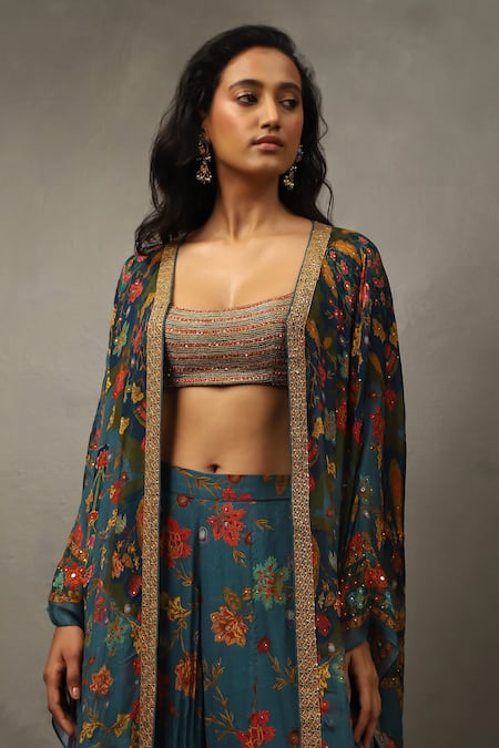 Shop RI.Ritu Kumar Teal Silk, Viscose, Cotton Zari, Embroidery Bahar Print Cape And Palazzo Set Online at Aza Fashions Shop_RI.Ritu Kumar_Teal Silk, Viscose, Cotton Zari, Embroidery Bahar Print Cape And Palazzo Set _Online_at_Aza_Fashions