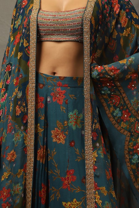 RI.Ritu Kumar Teal Silk, Viscose, Cotton Zari, Embroidery Bahar Print Cape And Palazzo Set at Aza Fashions RI.Ritu Kumar_Teal Silk, Viscose, Cotton Zari, Embroidery Bahar Print Cape And Palazzo Set _at_Aza_Fashions