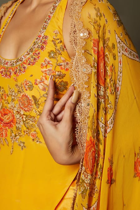 RI.Ritu Kumar_Orange Viscose, Polyester Embroidery Scoop Neck Floral Print Cape And Lehenga Set _Online_at_Aza_Fashions