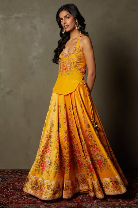 Buy_RI.Ritu Kumar_Orange Viscose, Polyester Embroidery Scoop Neck Floral Print Cape And Lehenga Set _Online_at_Aza_Fashions