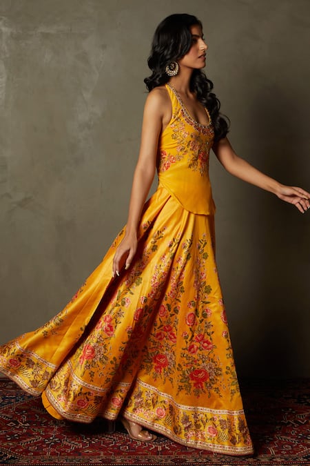 Shop_RI.Ritu Kumar_Orange Viscose, Polyester Embroidery Scoop Neck Floral Print Cape And Lehenga Set _Online_at_Aza_Fashions