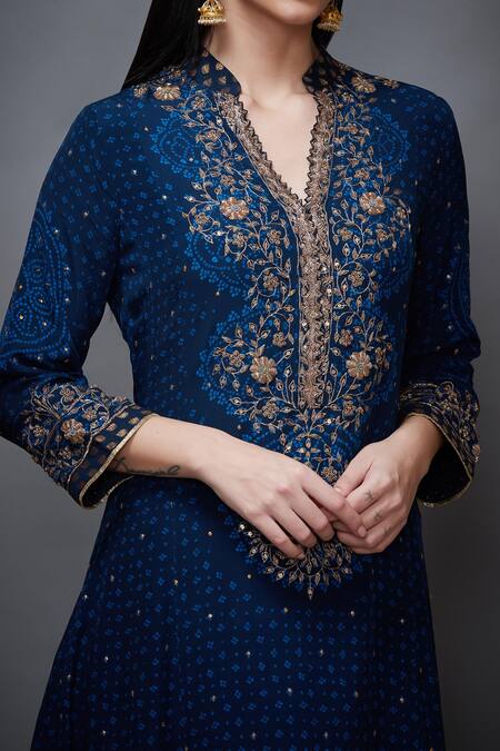 Shop_RI.Ritu Kumar_Blue Viscose, Lycra Embroidery, Zari Mandarin Bandhni Print And Zardozi Kurta Set _Online_at_Aza_Fashions