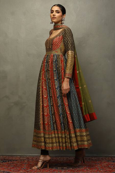 RI.Ritu Kumar_Green Silk, Viscose Sequins, Embroidery Round Paisley Print And Aari Anarkali Set_Online_at_Aza_Fashions
