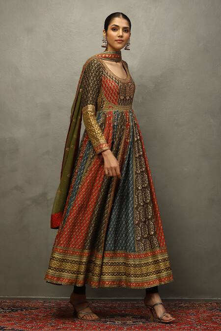 Buy_RI.Ritu Kumar_Green Silk, Viscose Sequins, Embroidery Round Paisley Print And Aari Anarkali Set_Online_at_Aza_Fashions