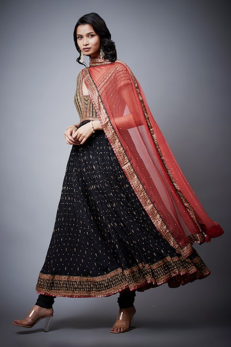 RI.Ritu Kumar_Black Viscose, Silk, Lycra Embroidery V-neck Floral Aari Anarkali Set _Online_at_Aza_Fashions