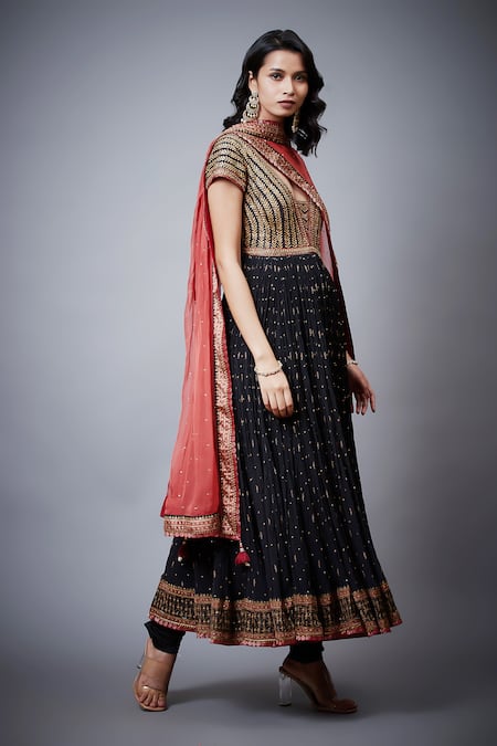 Buy_RI.Ritu Kumar_Black Viscose, Silk, Lycra Embroidery V-neck Floral Aari Anarkali Set _Online_at_Aza_Fashions