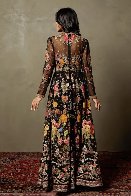 RI.Ritu Kumar Floral Sequin Embroidered Black Gown 