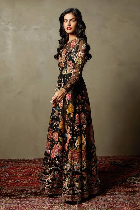 RI.Ritu Kumar Black Polyester Embroidery, Sequins, Zari Round Neck Floral Gown Online at Aza Fashions RI.Ritu Kumar_Black Polyester Embroidery, Sequins, Zari Round Neck Floral Gown _Online_at_Aza_Fashions