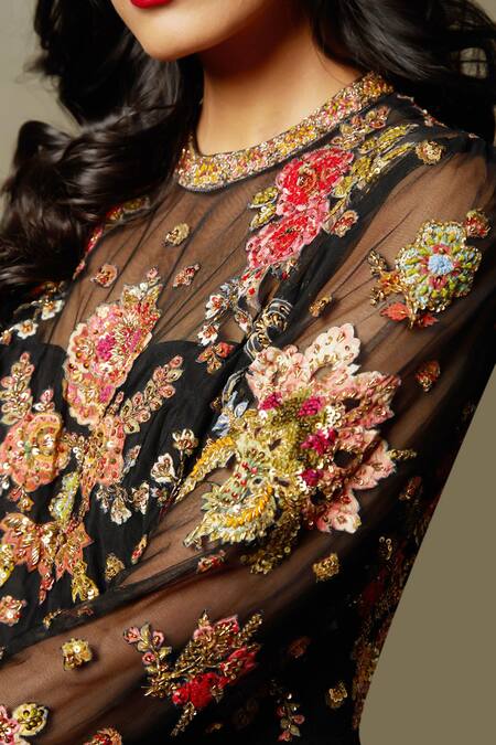 Shop RI.Ritu Kumar Black Polyester Embroidery, Sequins, Zari Round Neck Floral Gown Online at Aza Fashions Shop_RI.Ritu Kumar_Black Polyester Embroidery, Sequins, Zari Round Neck Floral Gown _Online_at_Aza_Fashions