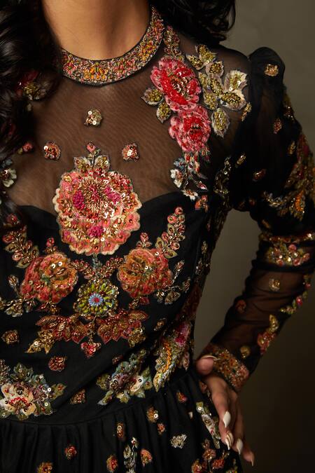 RI.Ritu Kumar Black Polyester Embroidery, Sequins, Zari Round Neck Floral Gown at Aza Fashions RI.Ritu Kumar_Black Polyester Embroidery, Sequins, Zari Round Neck Floral Gown _at_Aza_Fashions