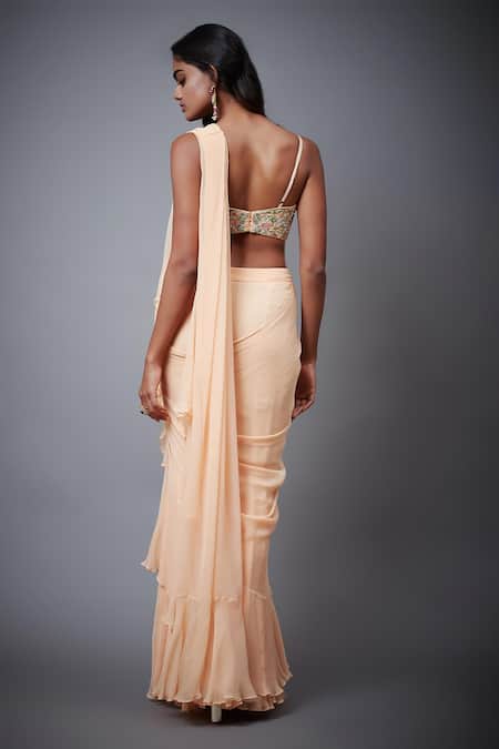 RI.Ritu Kumar Peach Floral Embroidered Ruffle Saree Set 