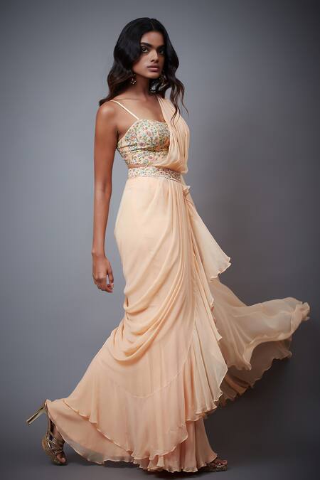 Buy RI.Ritu Kumar Peach Viscose Sequins, Zari, Embroidery Sweetheart Neck Floral Ruffle Saree Set Online at Aza Fashions Buy_RI.Ritu Kumar_Peach Viscose Sequins, Zari, Embroidery Sweetheart Neck Floral Ruffle Saree Set _Online_at_Aza_Fashions