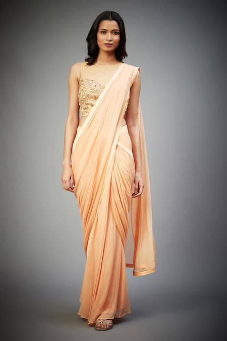 RI.Ritu Kumar Peach Saree 100% Viscose Hand Embroidery Thread Pre-draped With Blouse 