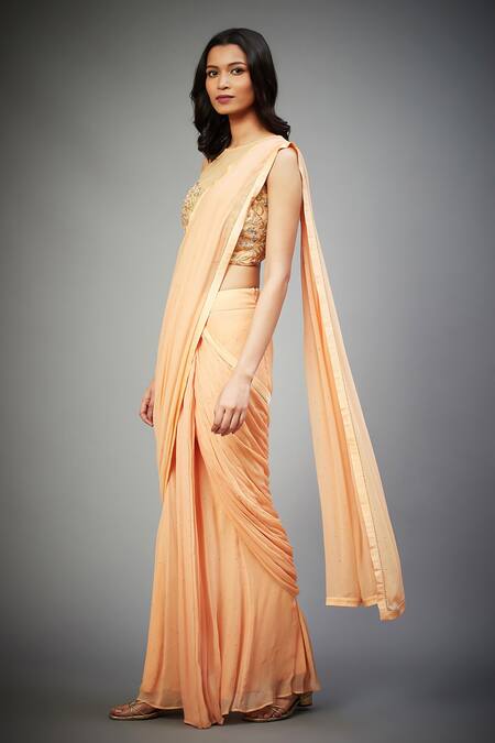 RI.Ritu Kumar_Peach Viscose, Polyester Pearls, Zari, Embroidery Pre-draped Saree With Blouse _Online_at_Aza_Fashions